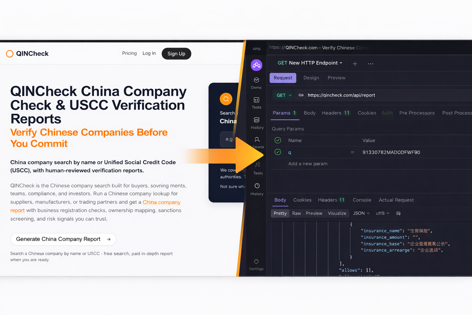 QINCheck China Company Data API - Main product screenshot demonstrating key features and user interface