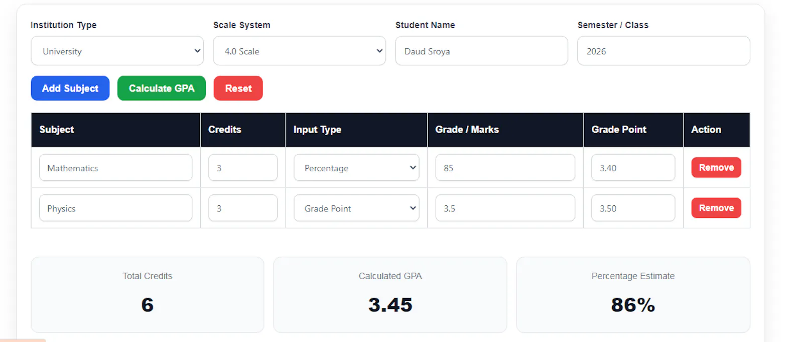 GPA Calculator screenshot 1