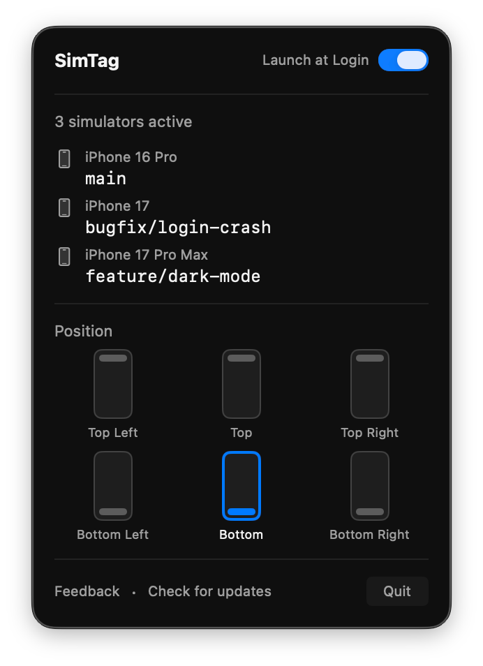 SimTag: Git Branch Overlay iOS Simulator - Screenshot 3 showing product features and functionality