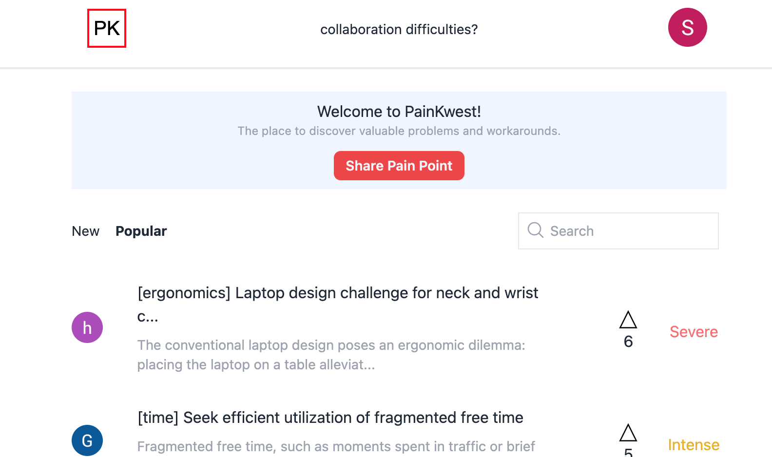 Mídia 1 de Painkwest - O lugar para descobrir valiosos pontos de dor de produto para resolver