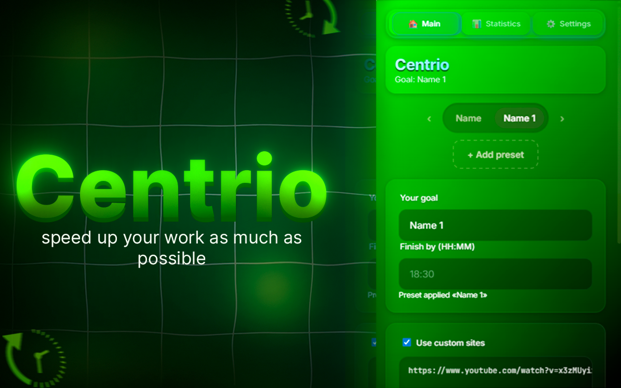 Centrio: Focus & Productivity - Main product screenshot demonstrating key features and user interface