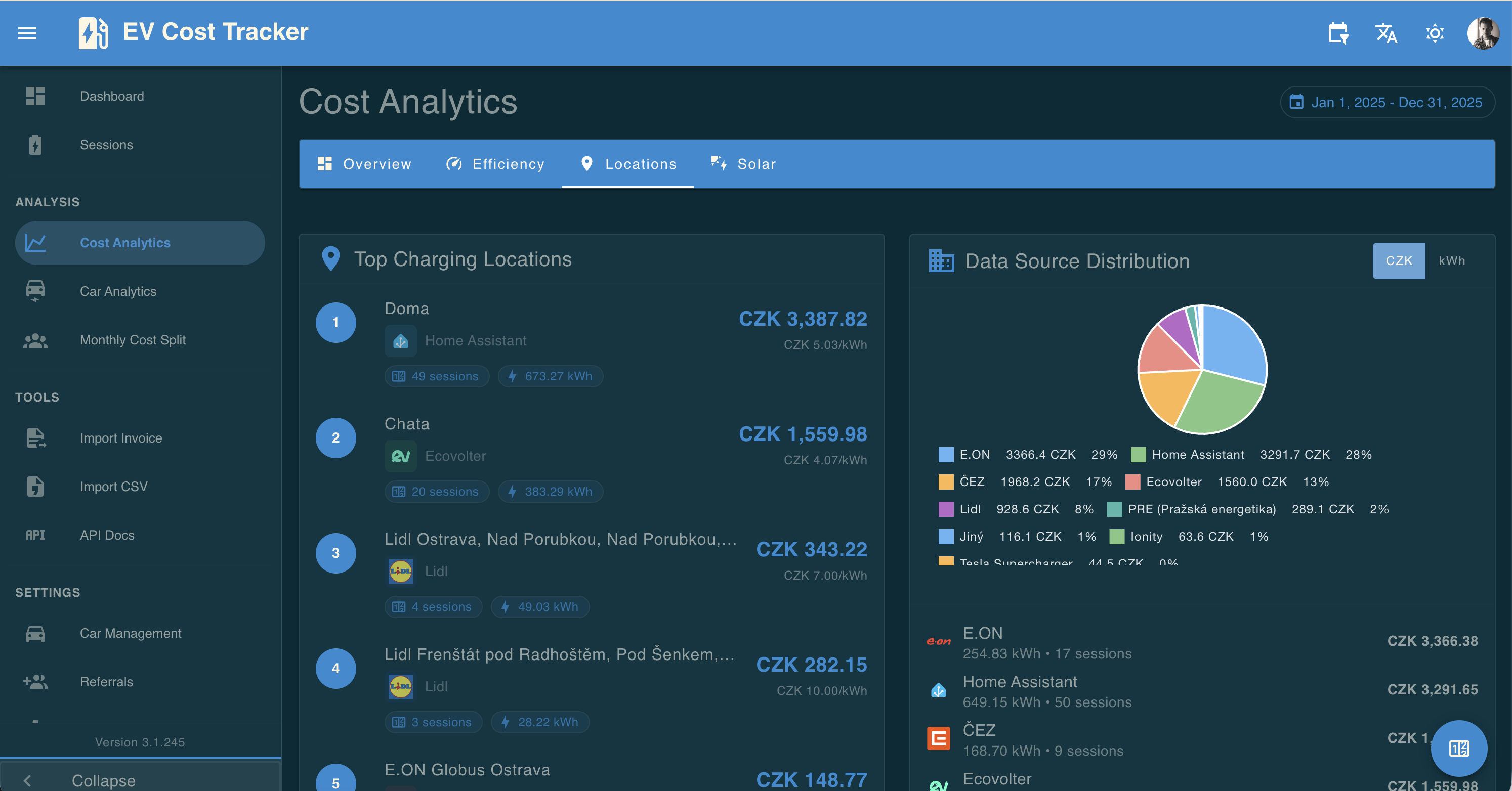 EV Cost Tracker - Main product screenshot demonstrating key features and user interface