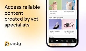 在智能手机的主屏幕上，Dosty应用的图标已经准备好了，可以方便地用于养宠物。