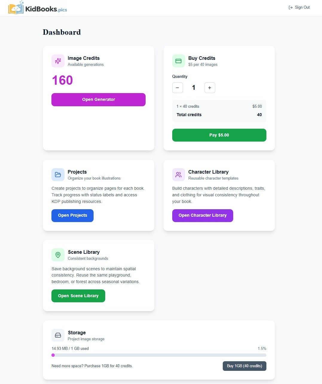 KidBooks.pics - Children Book Pics SaaS - Screenshot 4 showing product features and functionality