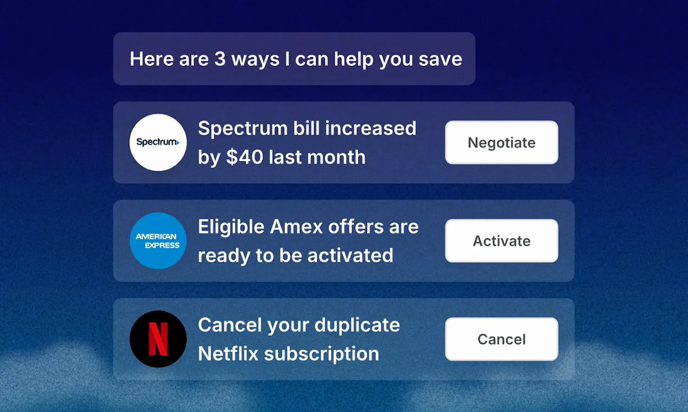 KudosAI suggesting three actions: negotiate a bill that went up, activate card offers and cancel a duplicate subscription