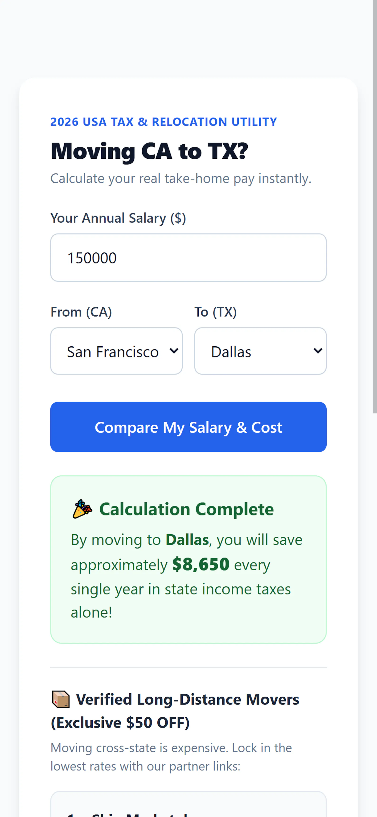 CA to TX Tax Calculator (MVP) screenshot 3