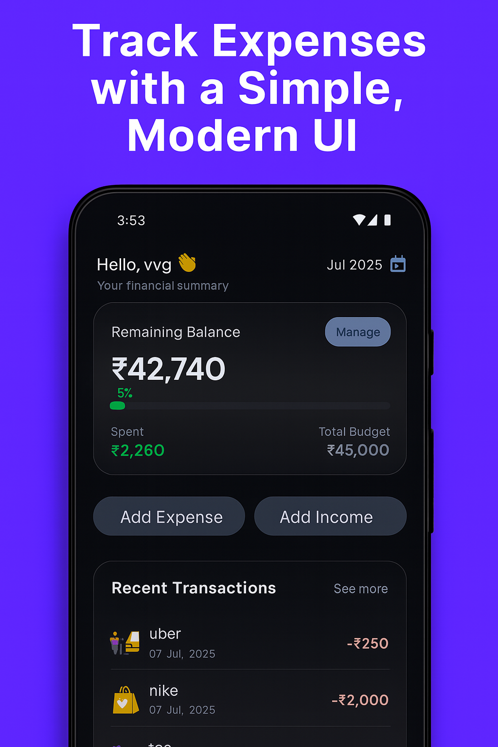 MoneyPulse – Private Expense Tracker - Main product screenshot demonstrating key features and user interface