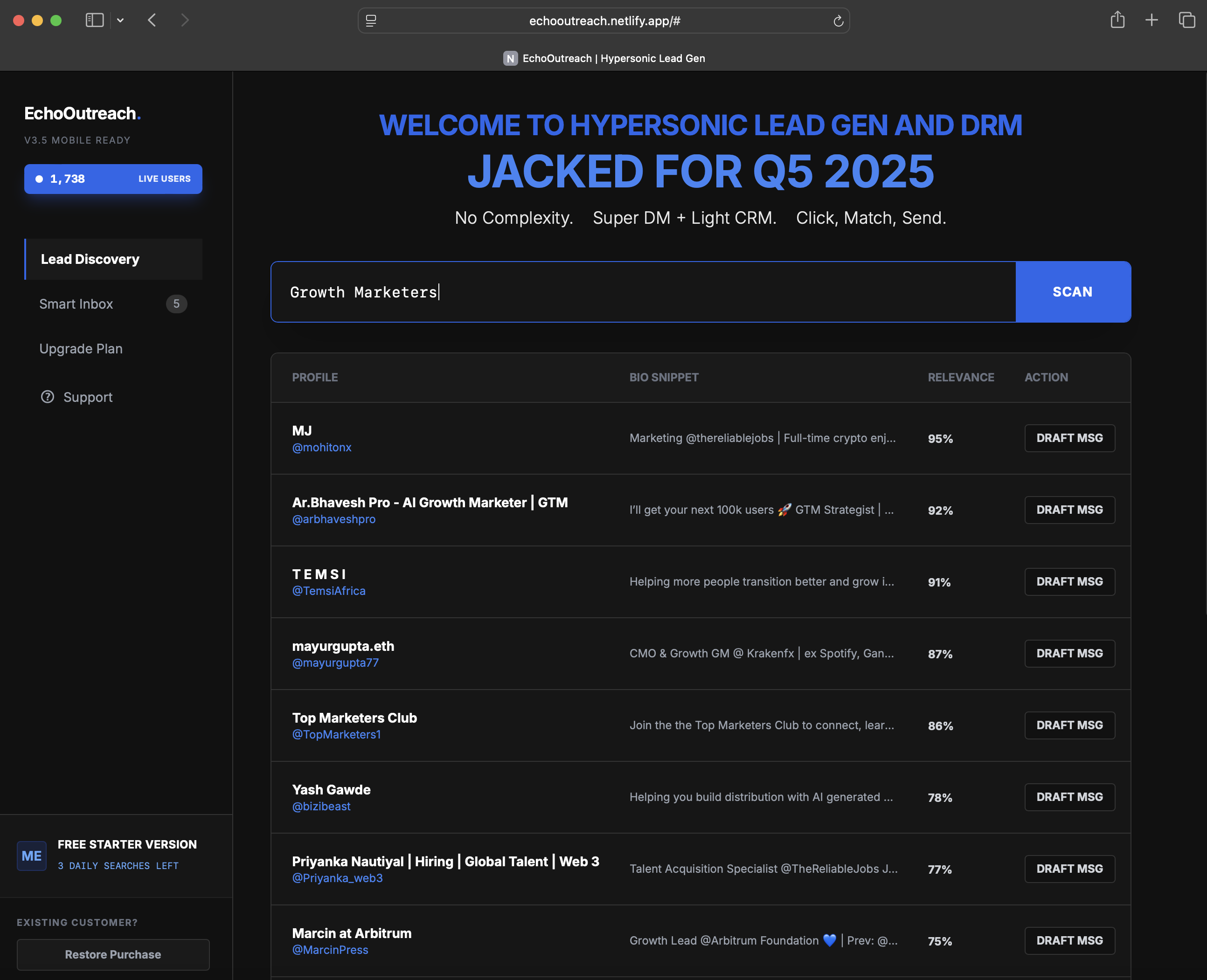 EchoOutreach 3.5 (Mobile Ready) - Screenshot 2 showing product features and functionality