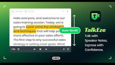 Ferramenta de anotação de alto-falante premium exibindo rolagem automática de script durante uma reunião virtual.