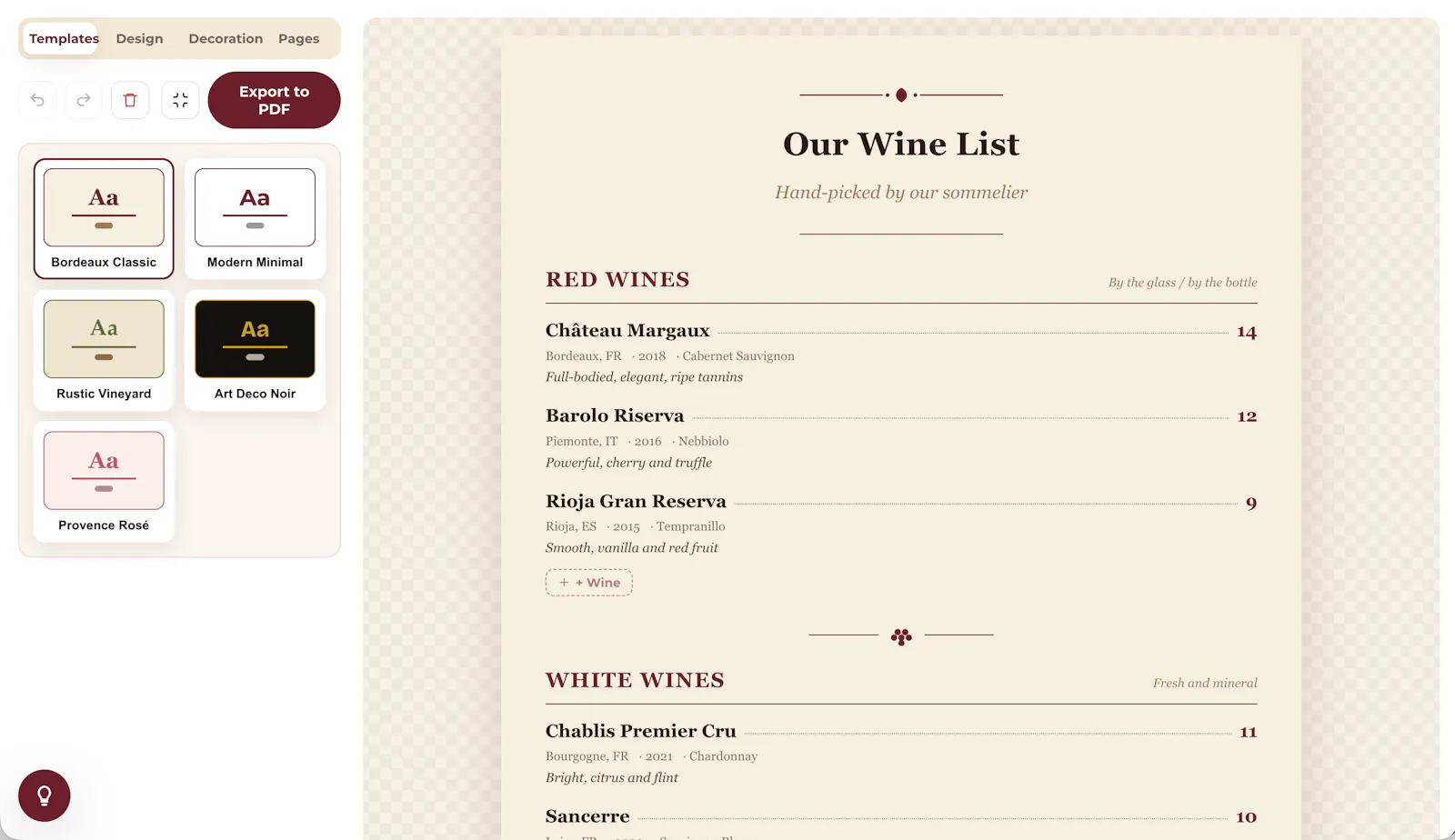Free Wine Menu Maker screenshot 2