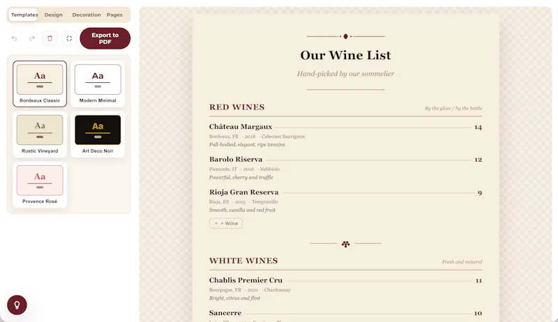 Free Wine Menu Maker screenshot 2