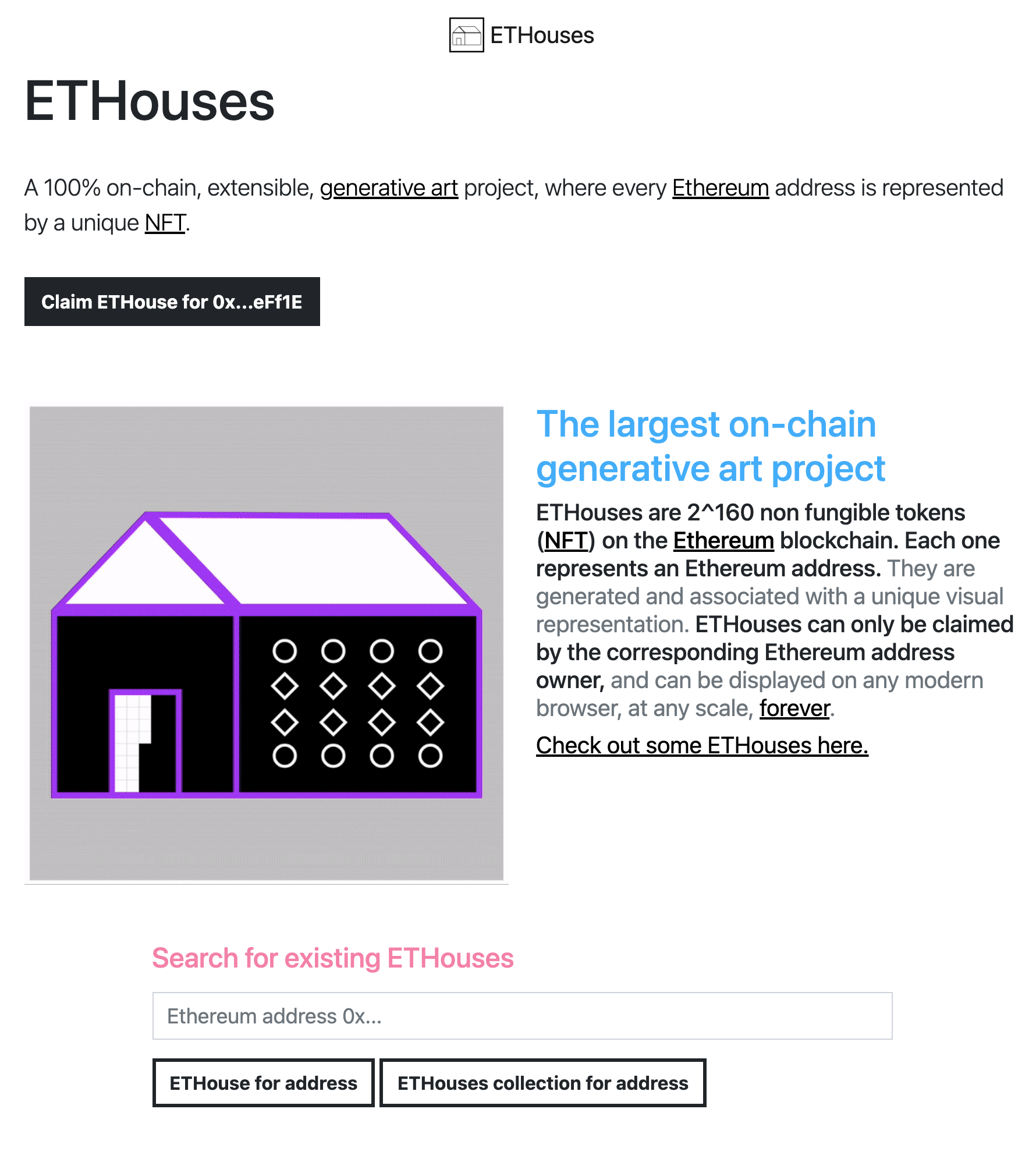 ETHouses: On-chain generative art gallery image