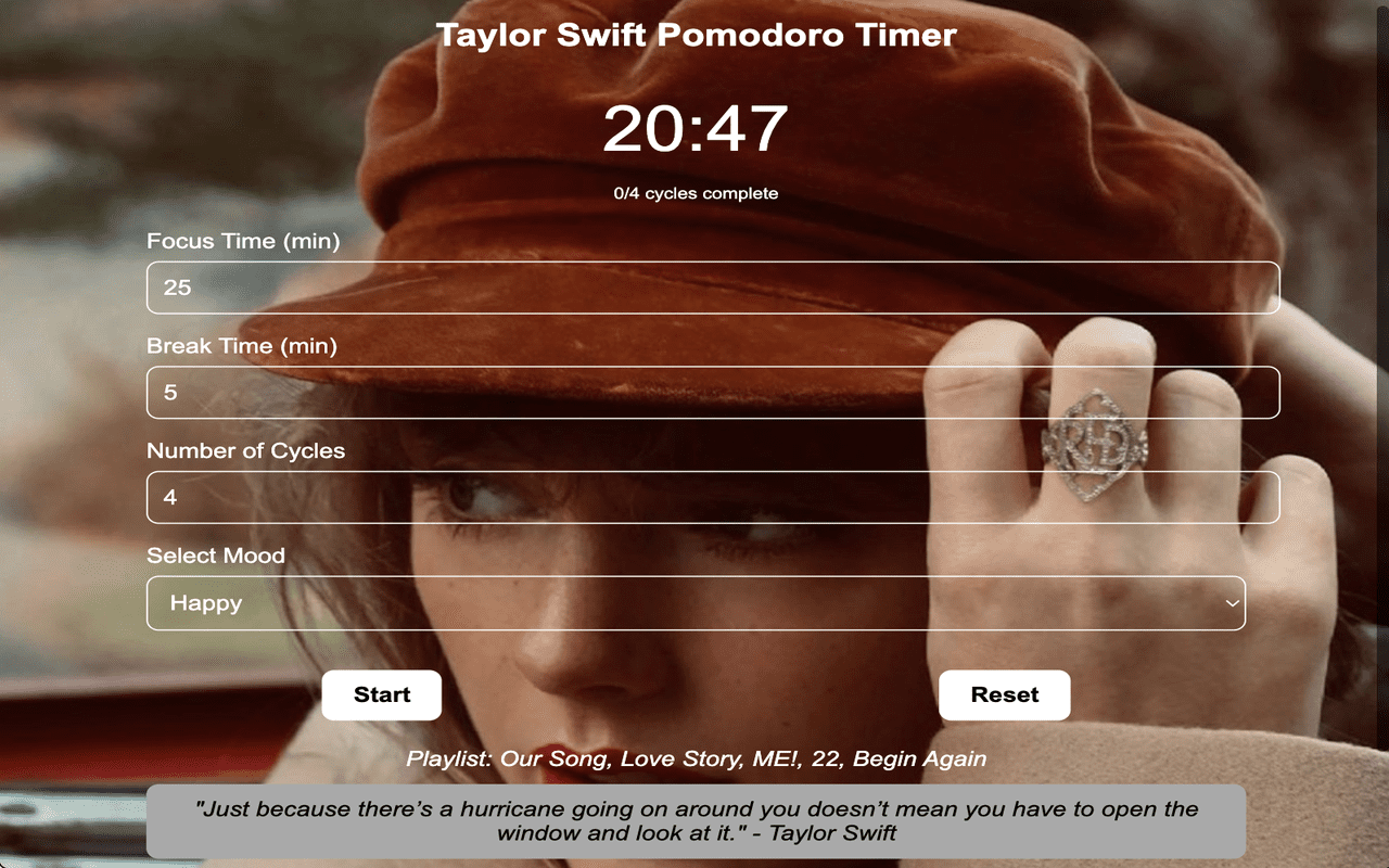 Média Taylor Swift Pomodoro Timer - Une minuterie de Pomodoro sur le thème de Taylor Swift chargé de fonctionnalités. 1