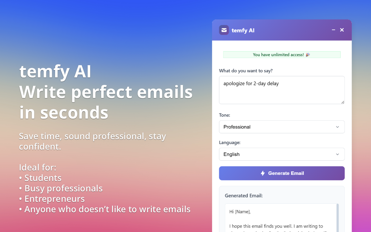 temfy.app - AI-powered email generator in seconds media 1