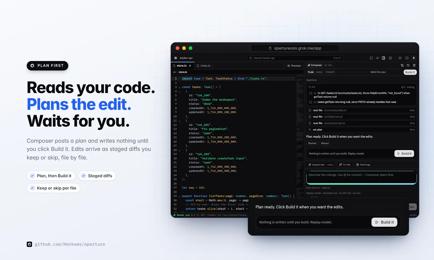 Aperture graphic 'Reads your code. Plans the edit. Waits for you.' beside the editor showing a plan waiting for approval