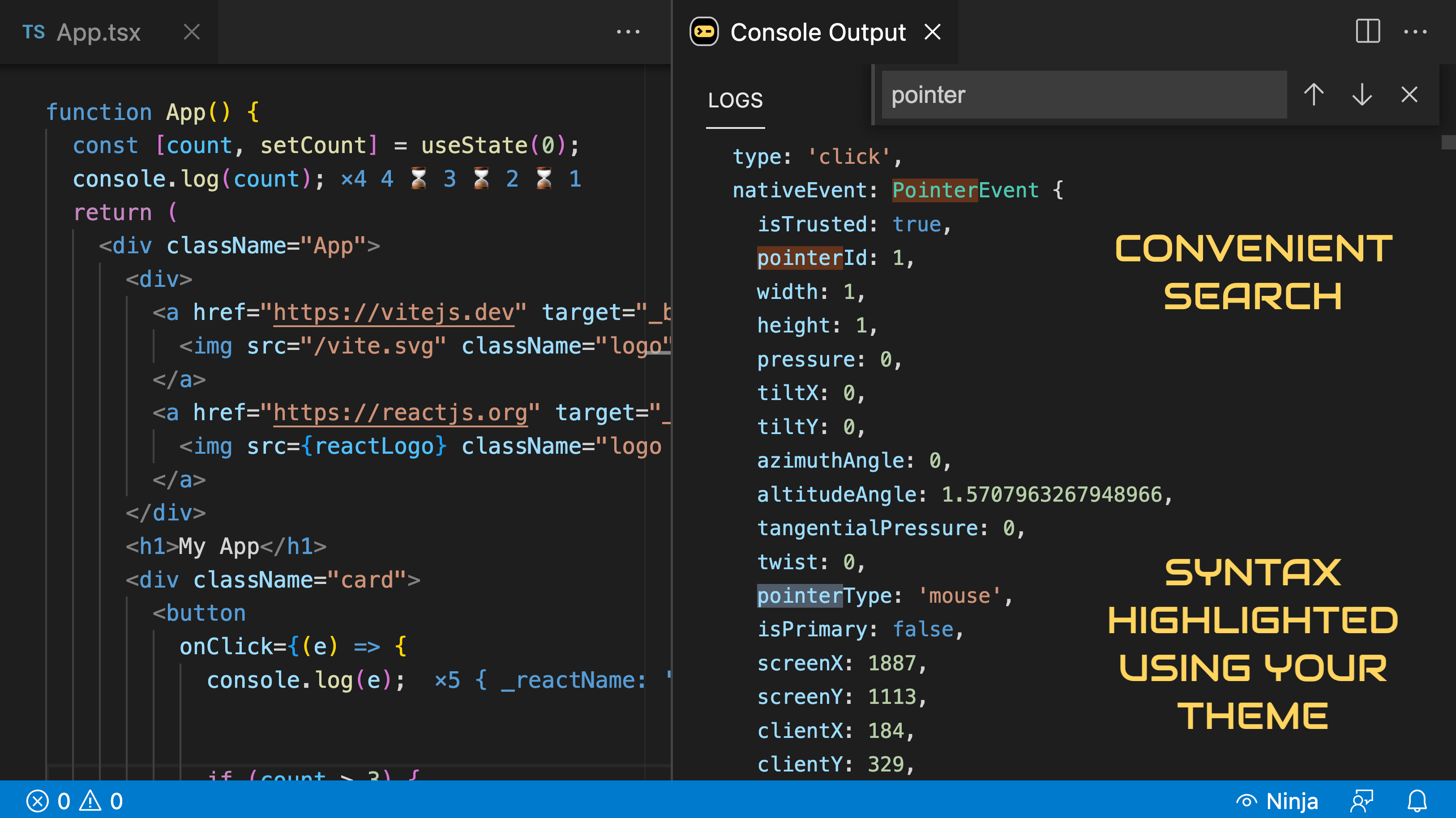 Консоль ниндзя - JavaScript Console.log Вывод и ошибки рядом с вашим кодом медиа 5
