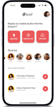 Interfaccia dell&rsquo;app Leaf che mostra un&rsquo;icona del microfono e un&rsquo;onda audio, enfatizzando la funzionalità di registrazione audio.