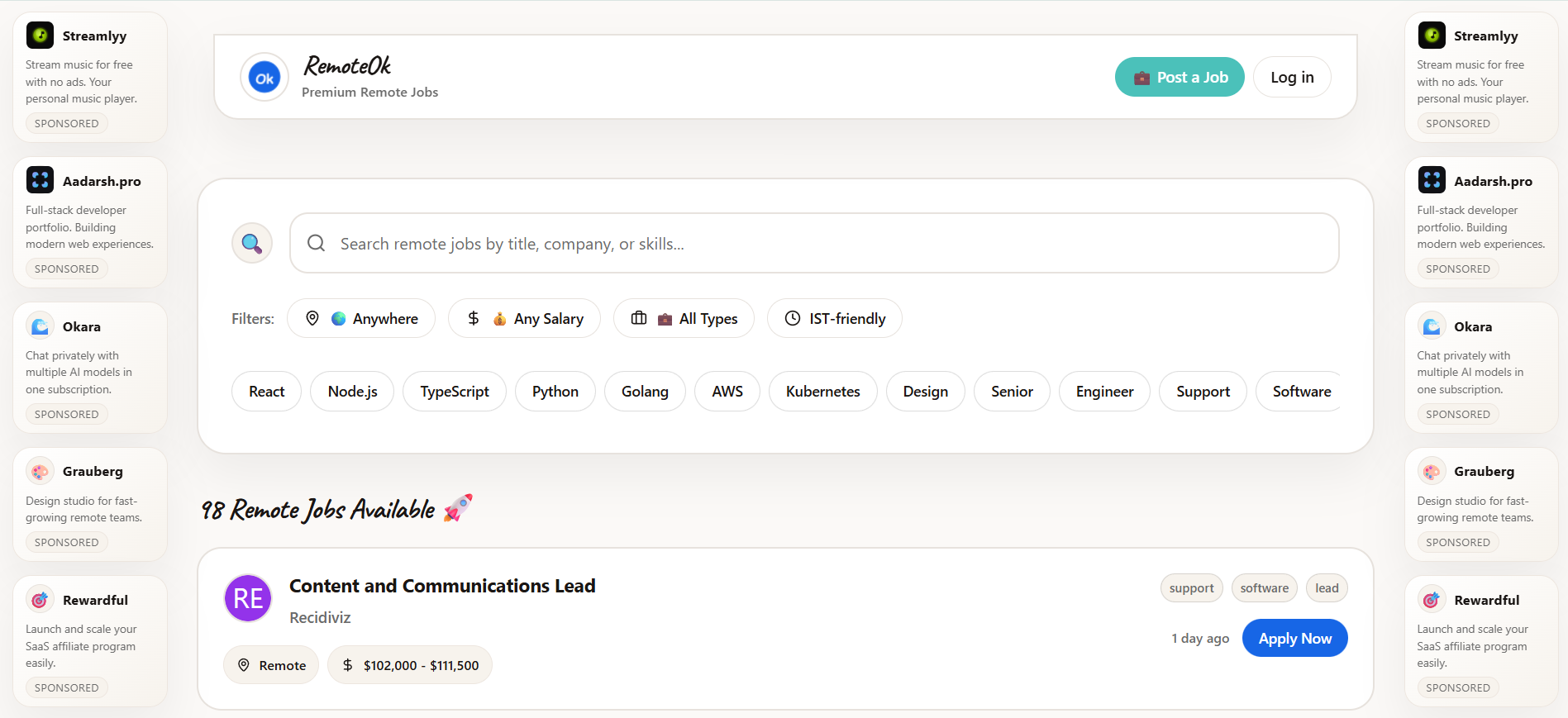 RemoteOk - Main product screenshot demonstrating key features and user interface