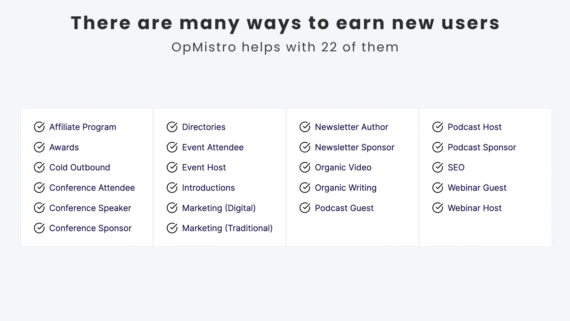 OpMistro→ Learn 22 unique growth tactics media 4
