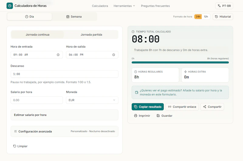 Calculadora de horas trabajadas online screenshot 1