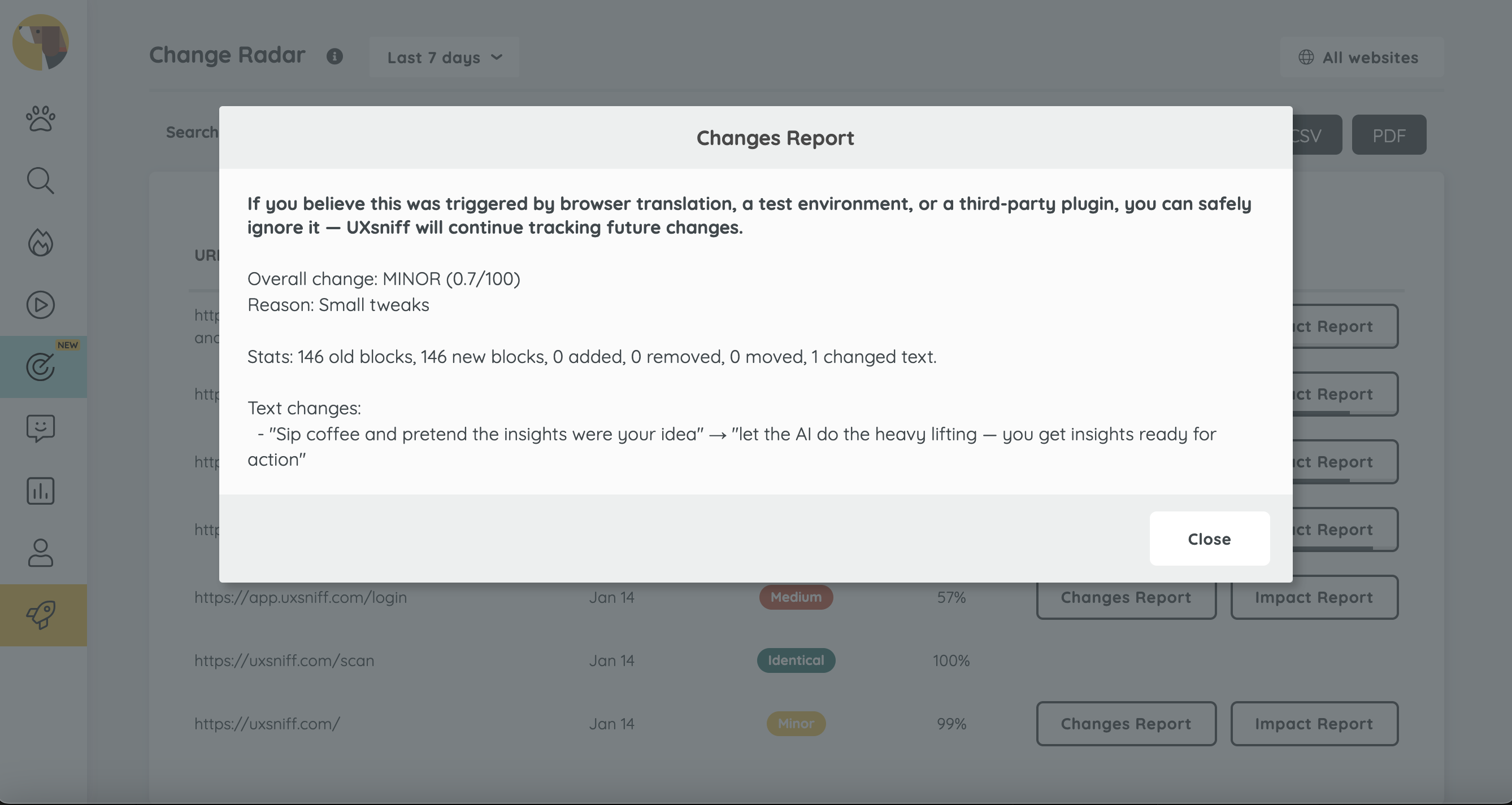 UXsniff: UX Change Intelligence - Screenshot 3 showing product features and functionality