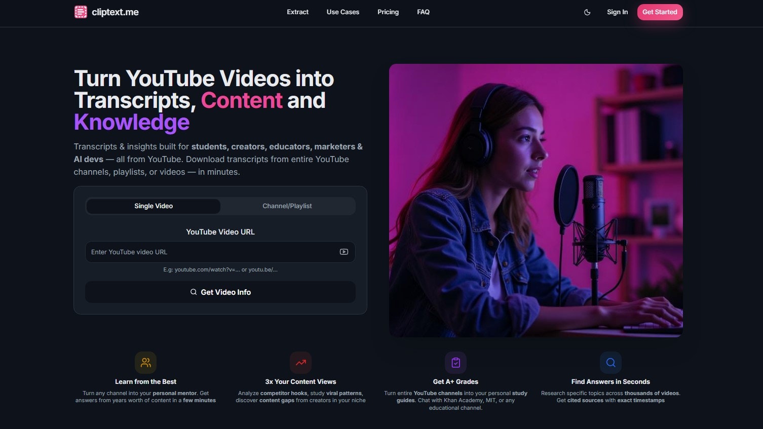 Cliptext.me - Youtube transcription tool - Main product screenshot demonstrating key features and user interface