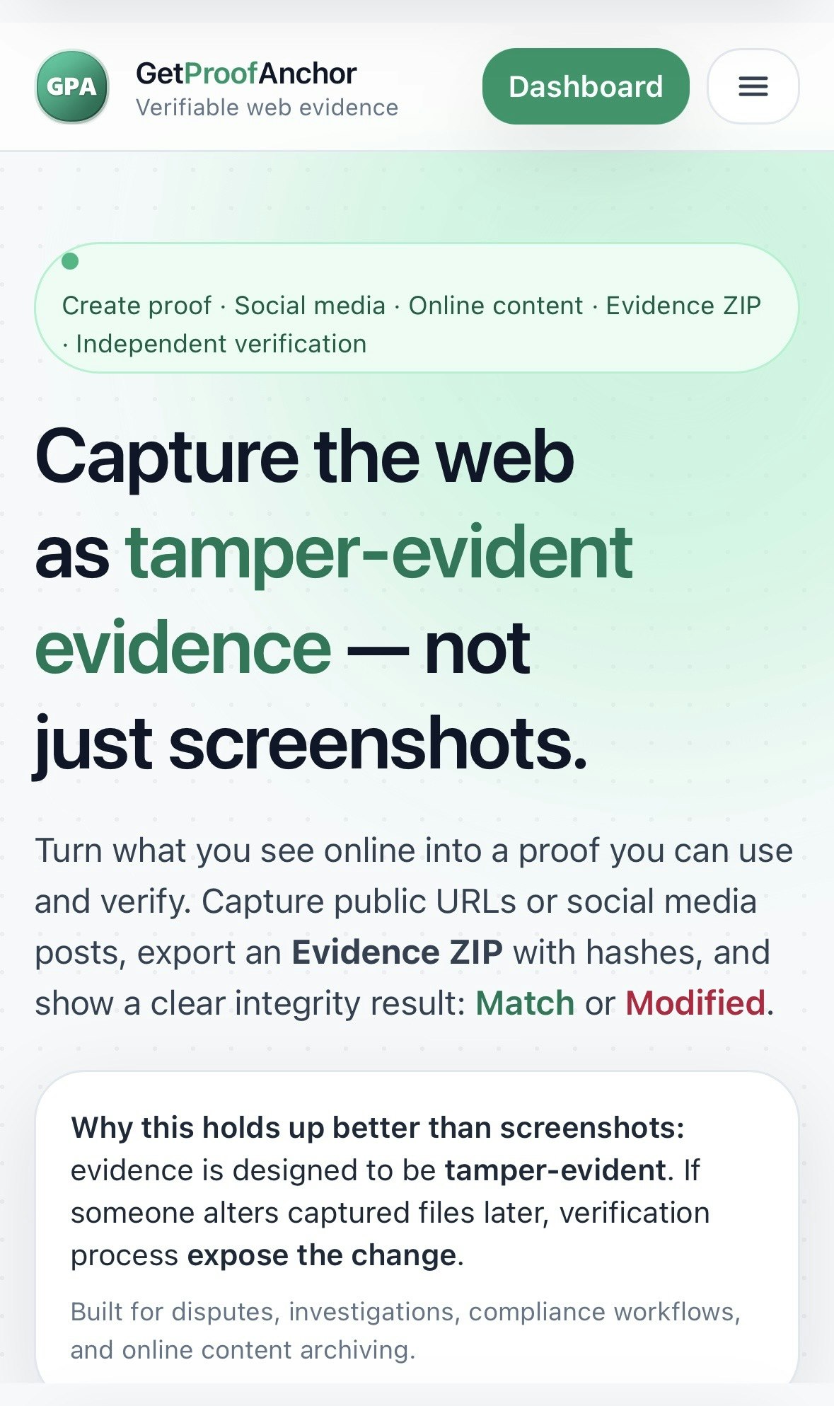 GetProofAnchor - verifiable web evidence gallery image