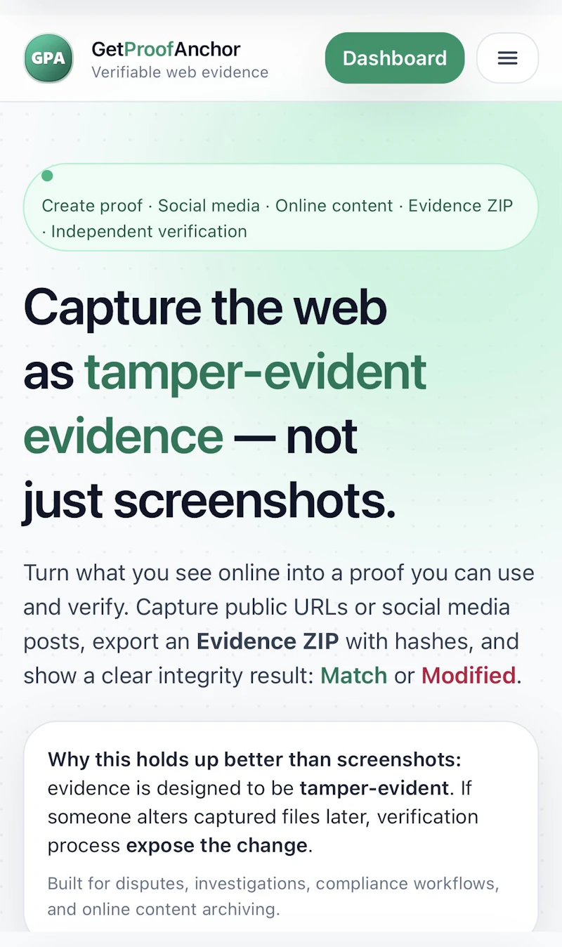 GetProofAnchor - verifiable web evidence screenshot 4