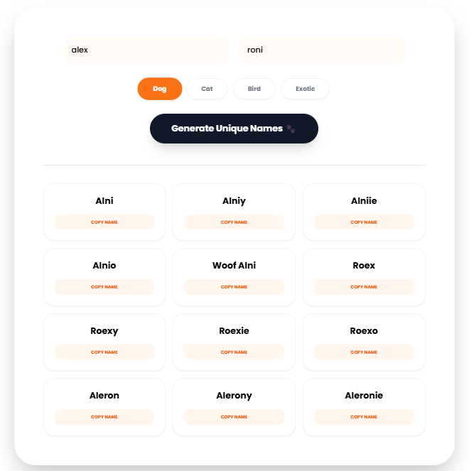Pet Name Mixer - Main product screenshot demonstrating key features and user interface