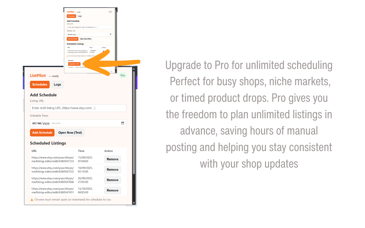 Média ListPilot - Planifier les listes de repêchage Etsy - Planifiez les versions Etsy pour publier automatiquement le bon moment. 5