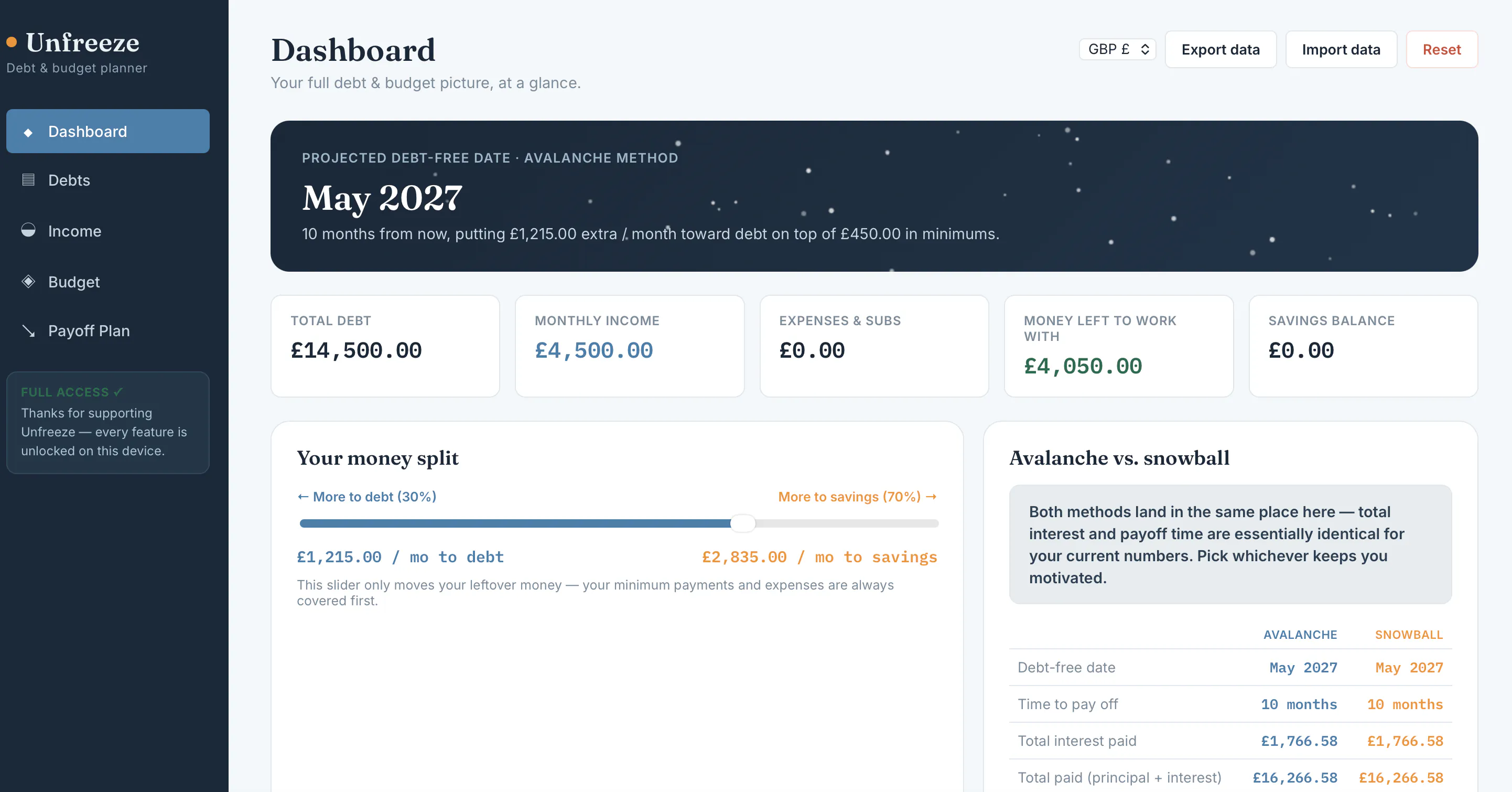 Unfreeze — Debt & Budget Planner