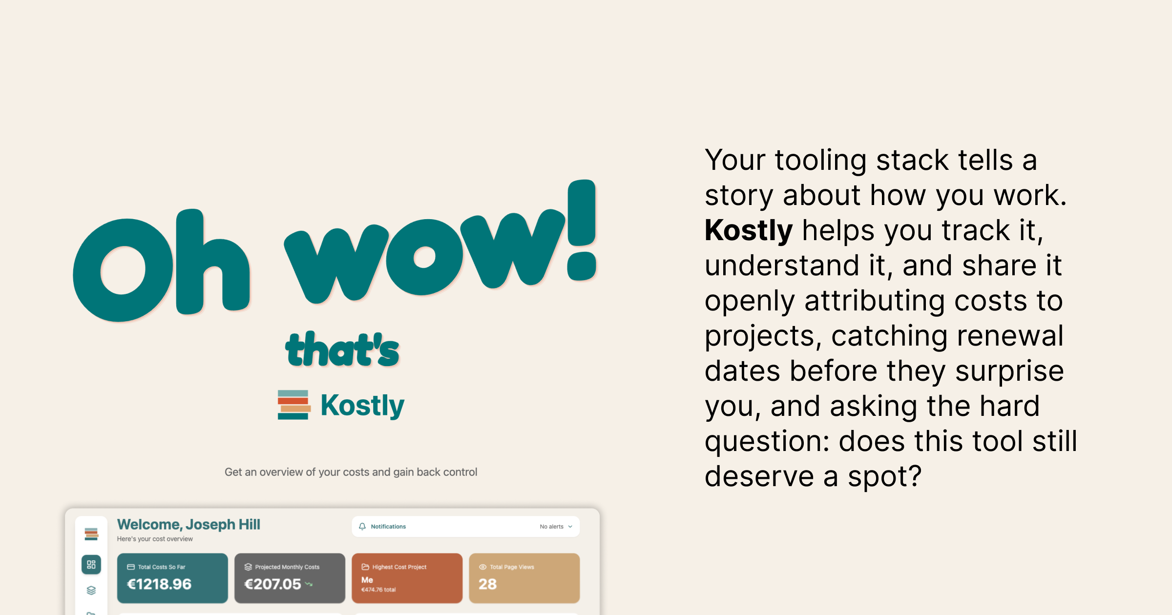 Kostly - Main product screenshot demonstrating key features and user interface