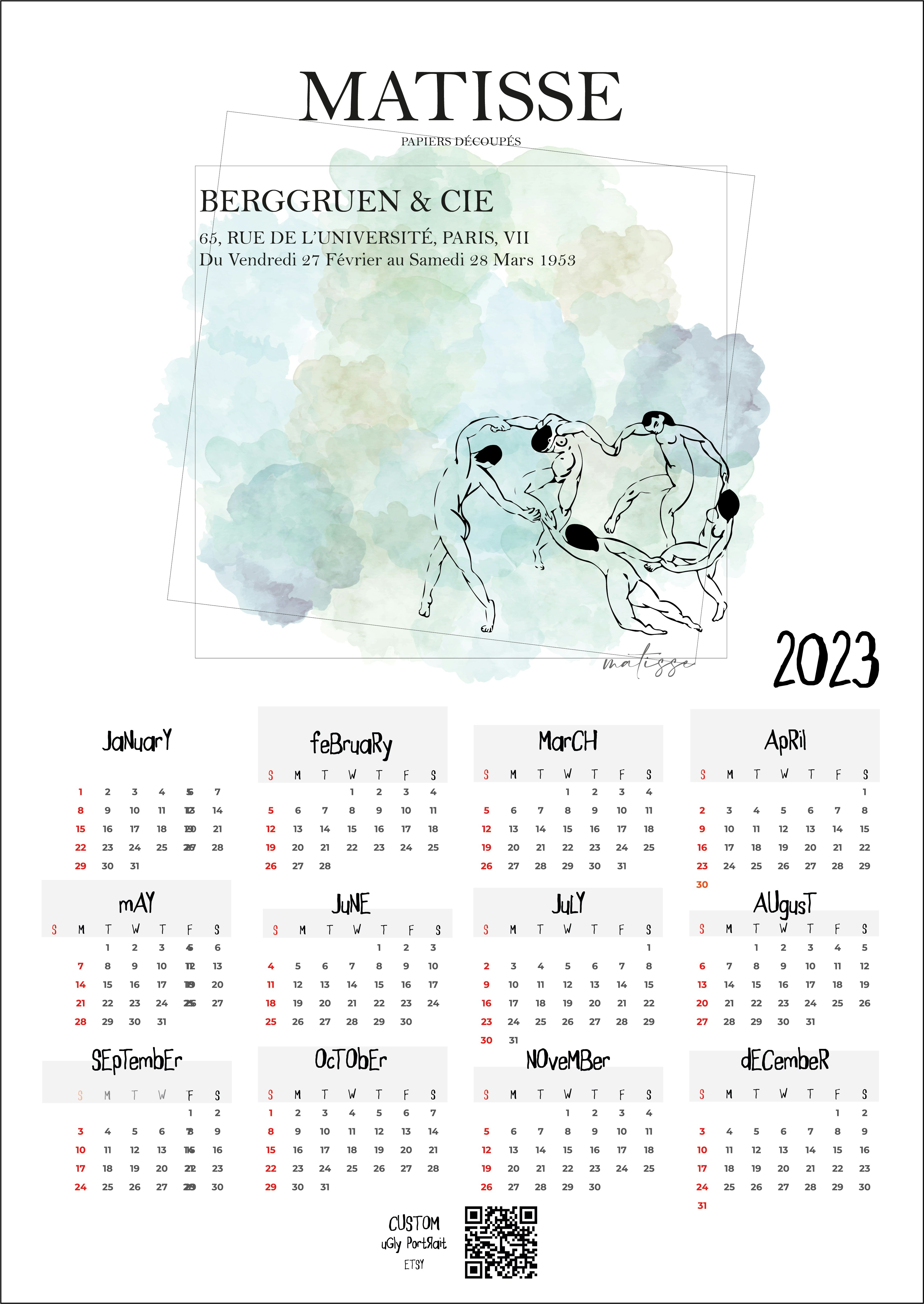 وسائط مجانا 2023 تقويم ماتيس - مستوحى من Matisse مجانًا 2023 Calendar-A3-A4-A5-A6 1