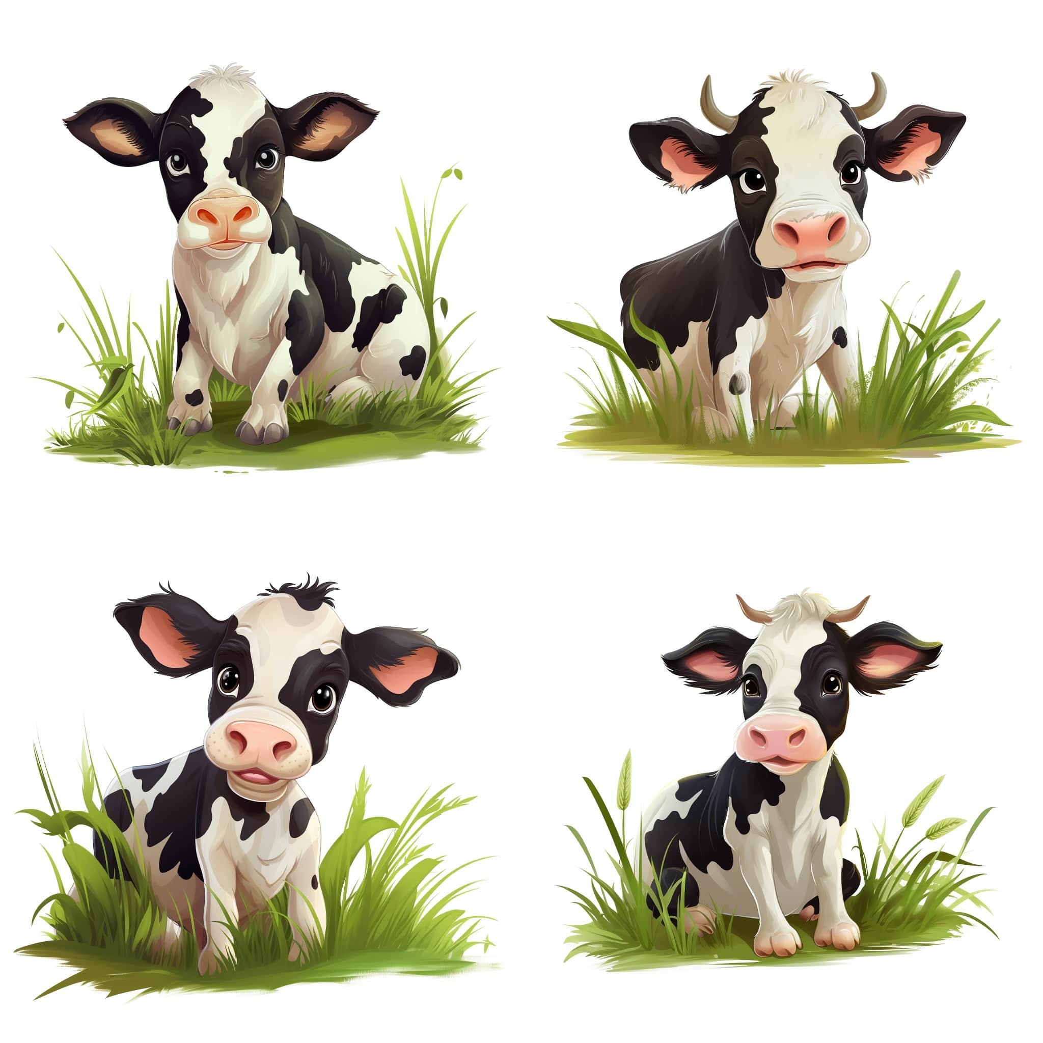 Midjourney prompt used: Cute cartoon cow eating grass, simple white background