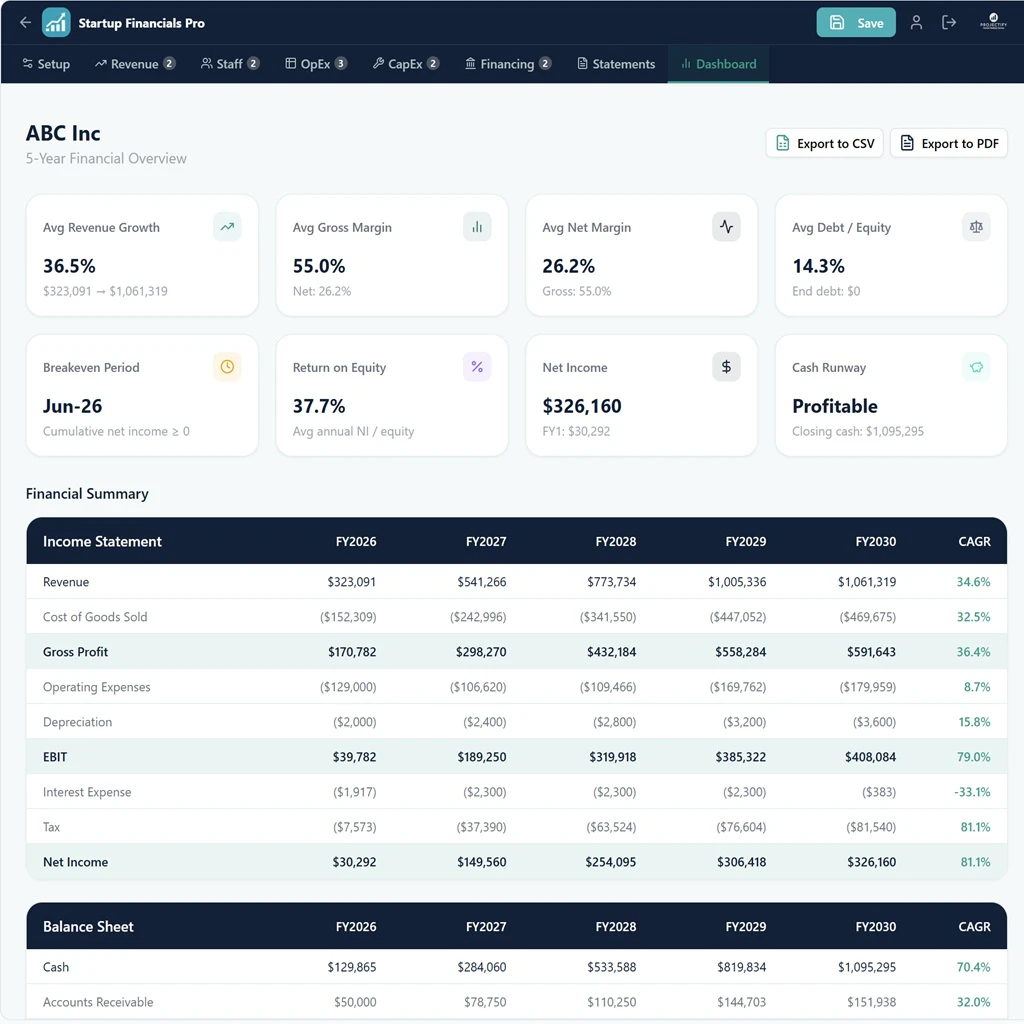 Startup Financials Pro screenshot 1
