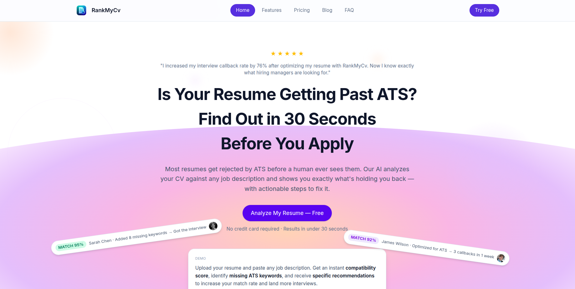 Free ATS Resume Checker - Main screenshot showing features and interface