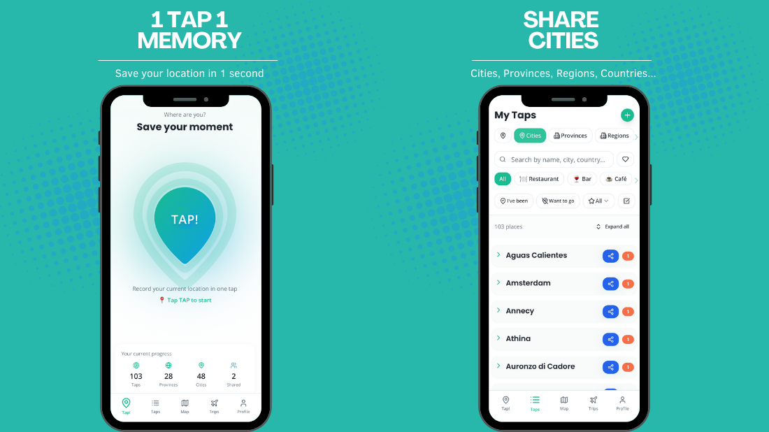 TapToGeo - Tap, Save, Share Places - Main product screenshot demonstrating key features and user interface