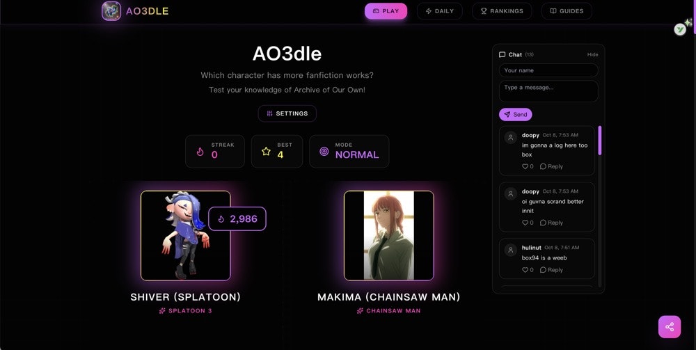Média AO3dle - Jeu de popularité des personnages de fanfiction 1