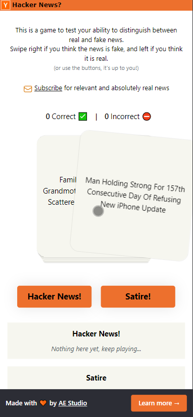 startuptile Hacker News or Satire?-Test your ability to distinguish between fake and real news.