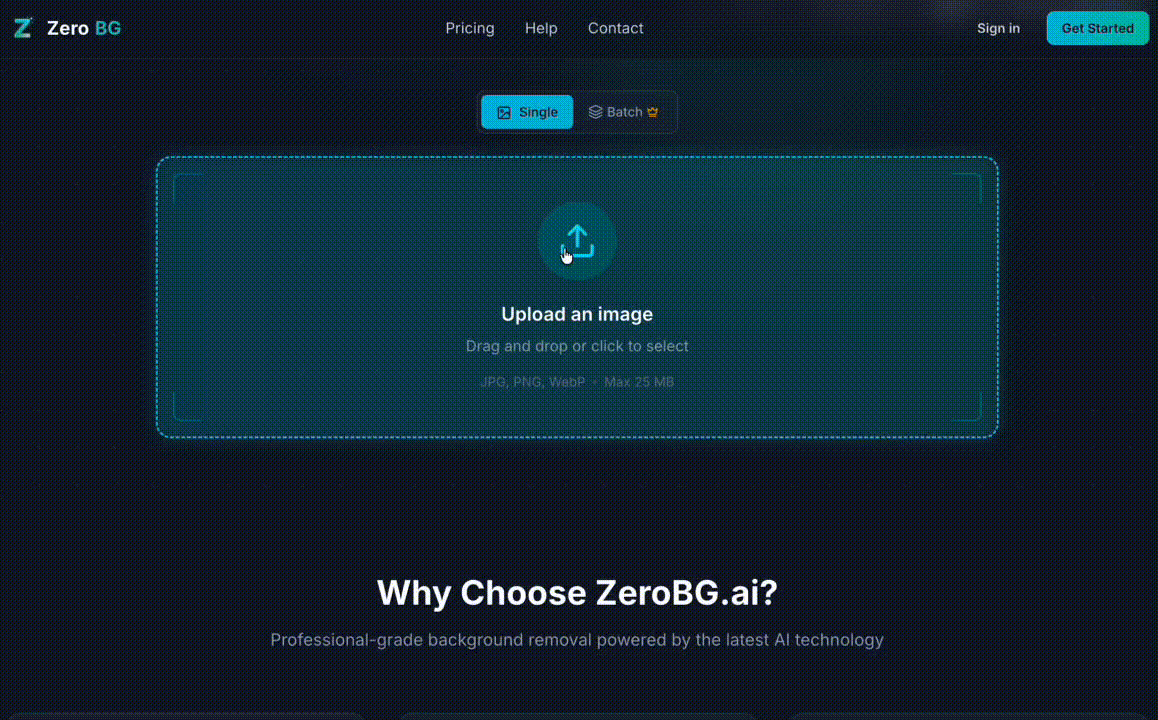 ZeroBG.ai - Main product screenshot demonstrating key features and user interface