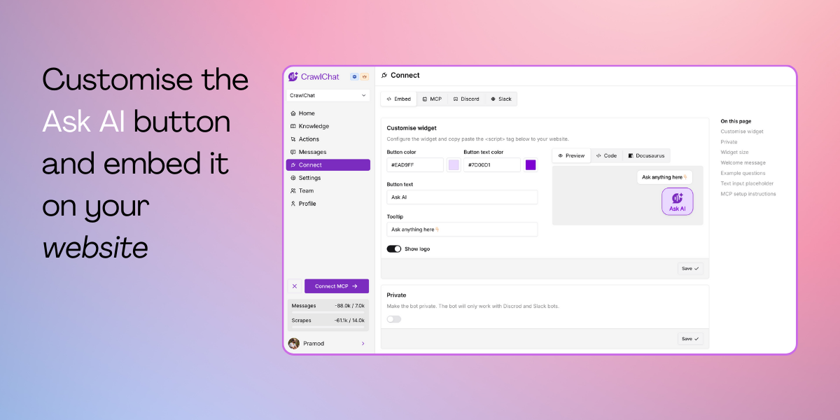 CrawlChat - AI Chatbot for your documentation and support media 3