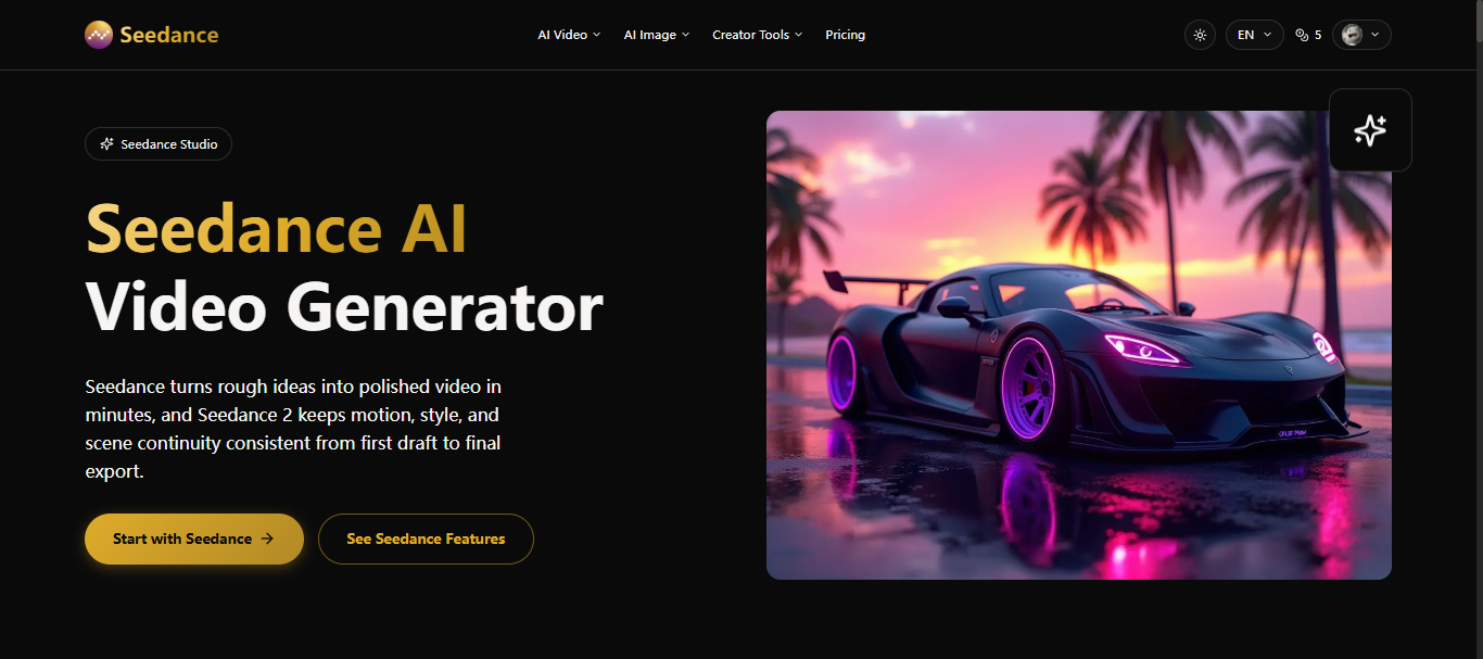 Seedance AI video creator - Main product screenshot demonstrating key features and user interface