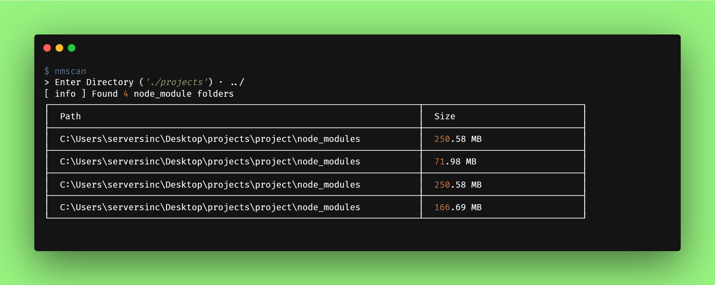 Mídia 1 de Nmscan - Localize as pastas Node_modules e calcule o tamanho no disco