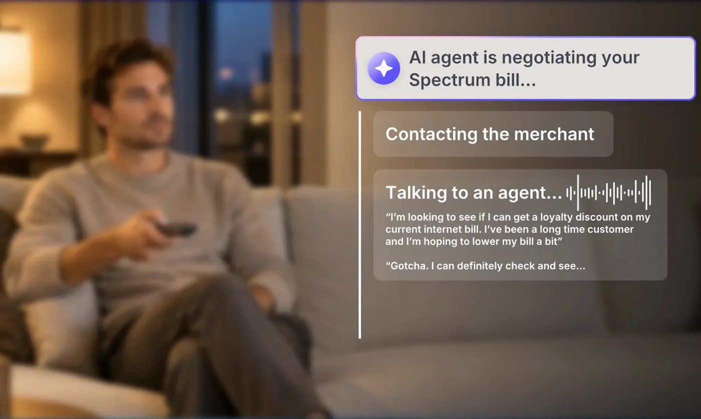 Kudos' AI agent on a call negotiating a bill with the provider, shown as a live transcript