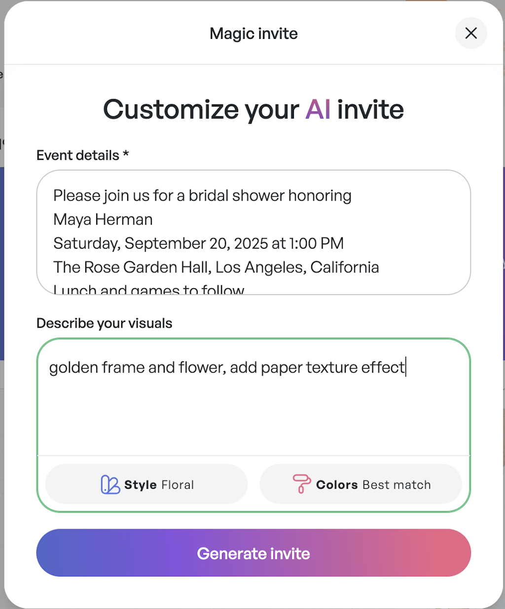 AI Invitation Generator - Screenshot 2 showing product features and functionality