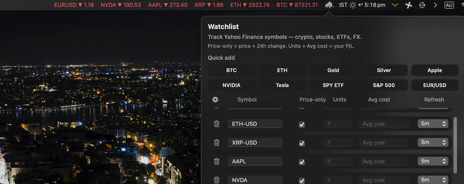 MarketPulseBar: Stocks, Crypto, Mac App screenshot 4
