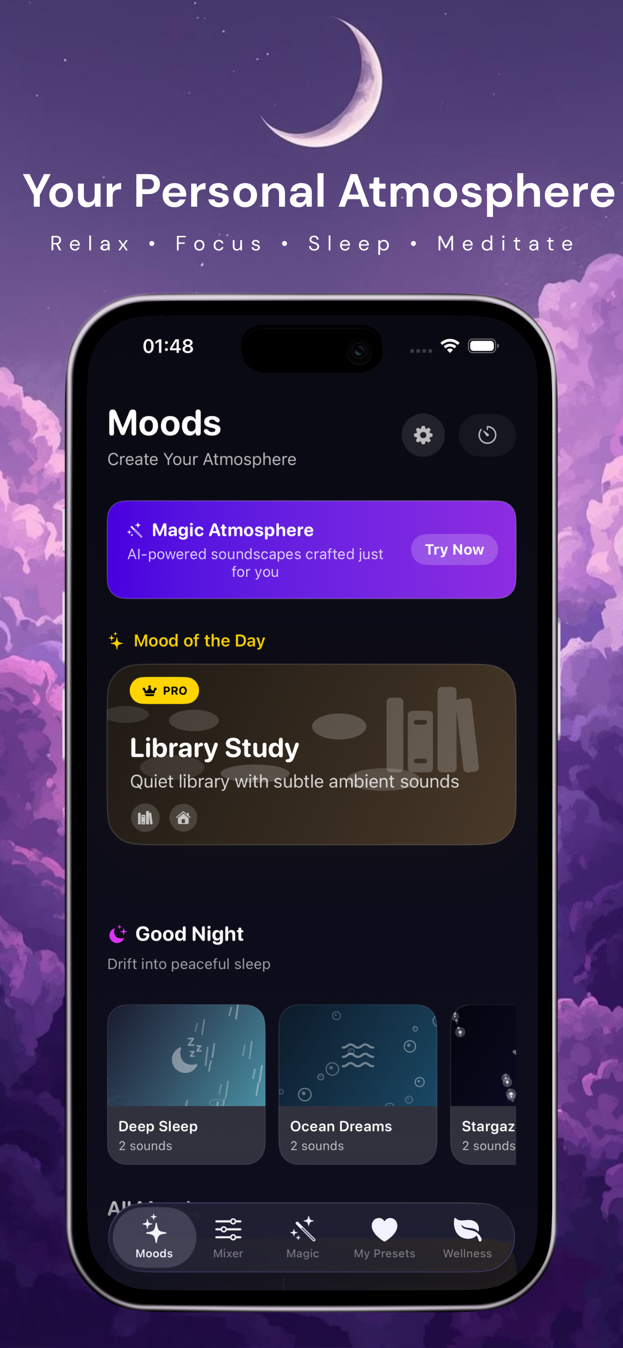 Moods: AI Sleep, Relax & Focus - Main product screenshot demonstrating key features and user interface