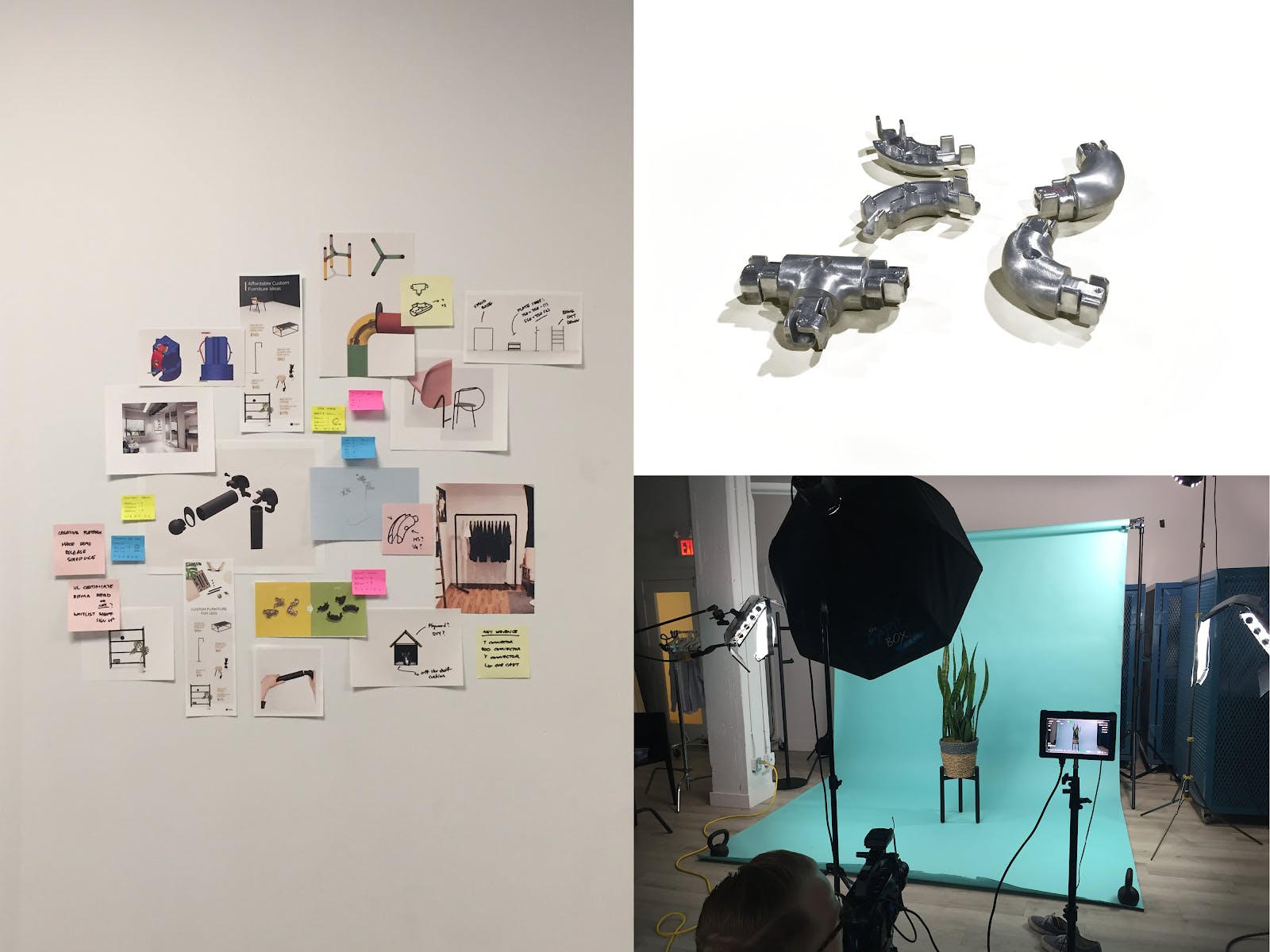 Left: Ideation of product possibilities with the new connector design. Top right: CNC machined sample of new connector concept—notice the mirrored design and hollow cavities. Bottom right: One of our earliest marketing shots, taken to push sales of preorders. 