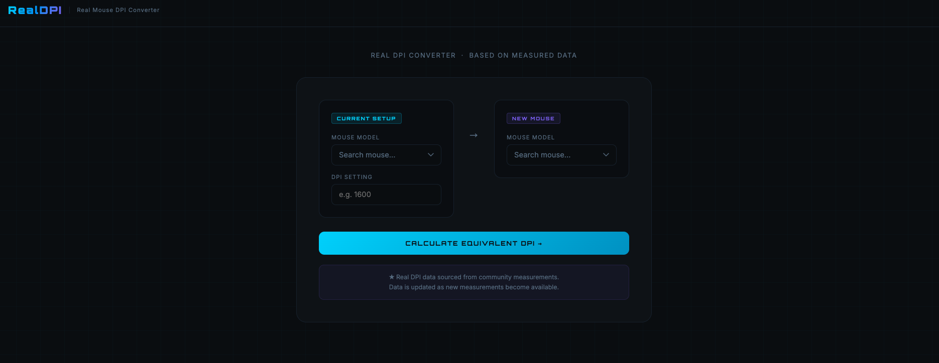 RealDPI — Real Mouse DPI Converter - Main product screenshot demonstrating key features and user interface