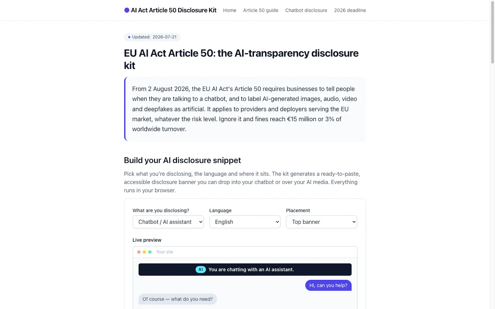 AI Act Article 50 Disclosure Kit screenshot 2